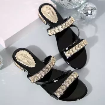 Summer New Women Slippers Open Toe High Heel Rhinestones Shoes Medium Heel Thick Heel Slippers Lightweight Sandals Slides Women 35