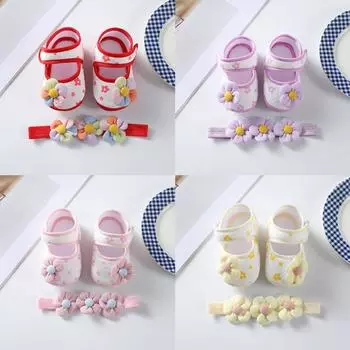 Летняя парусиновая обувь для новорожденных девочек с цветочным принтом, обувь для первых ходунков, обувь для кроватки с повязкой на голову 11