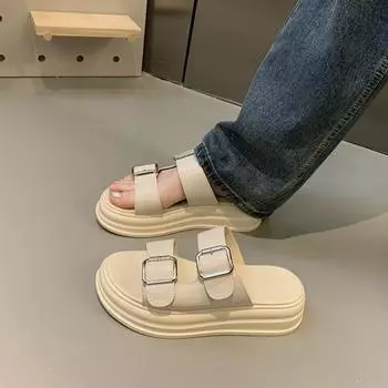 Летние новые толстые подошвы женские туфли с круглым носком и двойной пряжкой повседневные плоские пляжные сандалии 35 чёрный