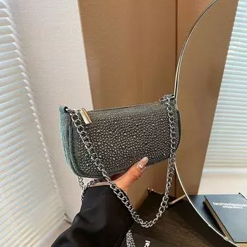 Summer niche full diamond bag women s new versatile chain messenger bag fashion shoulder small square bag зелёный