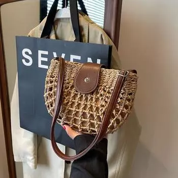 Summer Niche Straw Woven Bag Women Seaside Vacation Beach Bag Shoulder Shoulder Bag Underarm Saddle Bag Woven Small Bag Khakis