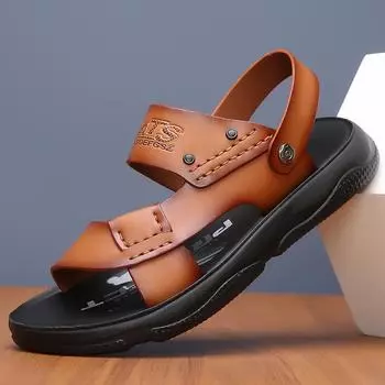 Summer Non-slip Open-toe Leather Sandals New Sandals and Slippers Men s Genuine Leather Sandals Adult Thick-soled Beach Shoes 38 хаки