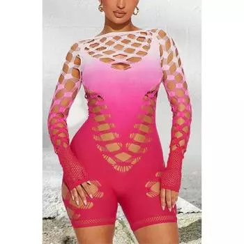 Летний симпатичный сетчатый комбинезон с длинным рукавом и круглым вырезом для женщин, асимметричный ажурный сексуальный эластичный комбинезон для женщин, модный дизайн, уличная одежда, простая клубная одежда One Size розовый