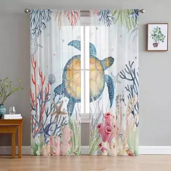 Summer Ocean Coral Shell Turtle Sheer Curtains for Living Room Decoration Window Curtains Kitchen Tulle Voile Organza Curtains W135 x H115cm x1