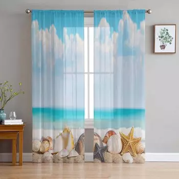 Летние морские ракушки, морские звезды, прозрачные шторы для детской спальни, гостиной, вуаль, занавески на окна, тюль, занавески W135 x H114cm