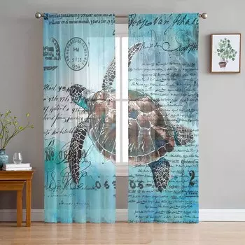 Summer Ocean Turtle Watercolor Retro Sheer Curtains for Kids Bedroom Living Room Voile Window Curtains Tulle Drapes W135 x H114cm