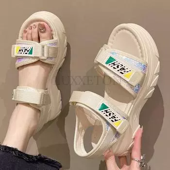 Summer Online Celebrity Rhinestone Sandals for Women 2024 New Height Increasing Insole Platform Sandals Brand Women Roman Shoes 35 чёрный