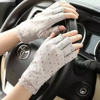 Summer Open Finger Gloves Sunscreen Thin Pure Cotton Women Driving Riding Non-Slip Tea Picking Gloves Leaky Five-Finger Touch Screen Manicure Grey All yards