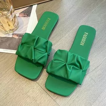 Summer Outdoor Flats Slippers for Women 2024 New Square Toe Vacation Casual Slides Party Sexy Elegant Office-Ladies New Shoes 35 чёрный