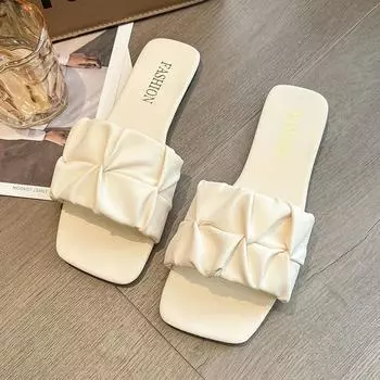 Summer Outdoor Flats Slippers For Women 2024 New Square Toe Vacation Casual Slides Party Sexy Elegant Office-Ladies New Shoes 35 чёрный