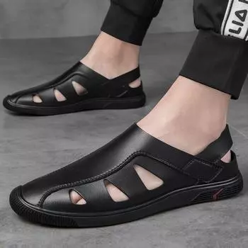 Summer Outdoor Mens Hollow Out Loafers Casual Leather Flats Breathable Slip on Business Driving Sandals Non-slip Men s Sandals 38 чёрный