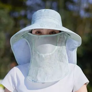Summer Outdoor Shawl Women s Big Brim Cycling Sun Hat Neck Protection Sun Protection Hat Floral Cloth Mask Face-Covering Fisherman Hat 8792-Green [big eaves shawl mask]]