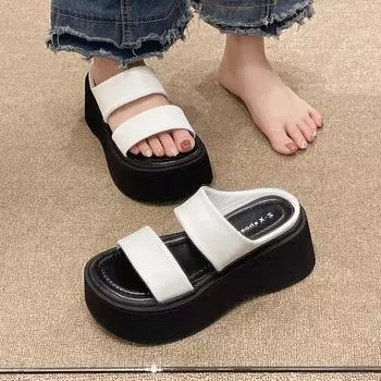 Summer Outside Modern Slippers High Heel Flat with Ladies Shoes 2024 High Quality Pull on Shallow Solid Women s Slippers 35 белый