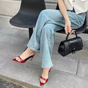 Summer Outside Modern Slippers High Heel Thin Heels 2024 High Quality Shoes Female Solid Shallow Fashion Women s Slippers 35 вино красного