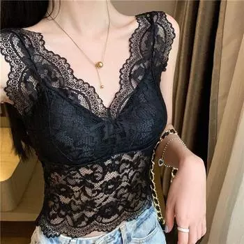 Summer Outwear Lace Cut Out Vest Pure Desire New Arrival Sexy Lace Beautiful Back Lace Beauty Back Sling All-Matching Sleeveless Tops Women Black S