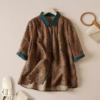 Летняя женская рубашка из хлопка и льна, свободного покроя, с принтом в стиле вестерн, с плотным воротником и рукавами пять четвертей, блузки и рубашки M зелёный