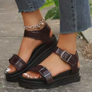 Summer Oversized Women s Shoes 2024 New Thick Sole Solid Color Sponge Cake Soft Sole Roman Sandals Beach Casual Shoes 38 чёрный