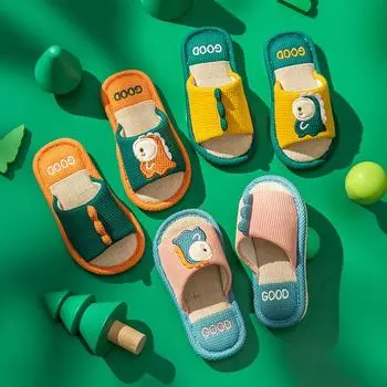 Летние льняные тапочки с изображением милого динозавра для родителей и детей, повседневная домашняя обувь унисекс, нескользящие домашние тапочки 24-45 24-25 жёлтый