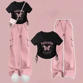 Summer Pink Cargo Pants Short-sleeved T-shirt Suit Fashion Tooling Wide-leg Pants Women XXL