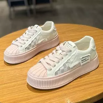 Летние розовые сетчатые дышащие белые туфли с шахматным узором, женские туфли на платформе с ракушечным носком для отдыха на доске 35 розовый