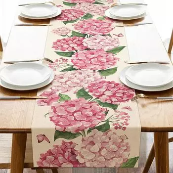 Summer Pink Hydrangea Flower Linen Table Runner Seasonal Floral Butterfly Kitchen Dining Table Decor Holiday Wedding Party Decor 150x33cm 59x13inch
