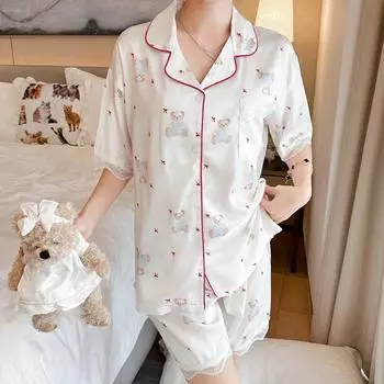 summer pink Women s Pajamas Set Luxury Satin Silk Pyjamas Short Sleeve cute cartoon bear print Sleepwear casual Home Clothes Nightwear for Women M