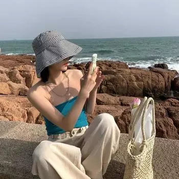 Summer Plaid Girl Fisherman Hat Ladies Foldable Sun Beach Shade Ladies Cotton Outdoor Protective Sun Hat 56-58cm белый