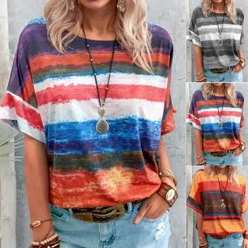Летняя одежда больших размеров для женщин с круглым вырезом и контрастными полосками, винтажная футболка, повседневная свободная туника с коротким рукавом 5XL синий