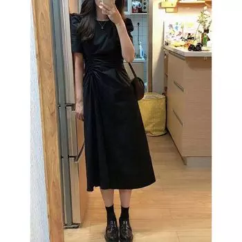 Summer Plus Size Ladies French Style Retro Belly Black Dress Black 5XL