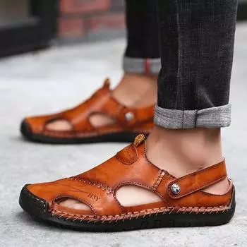 Summer plus Size Men s Sandals Genuine Leather Sandals Summer Beach Shoes Personality Closed Toe Trendy British Casual Shoes 38