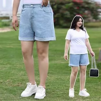 Summer Plus-size Women s Casual Shorts Loose-fitting Wide-leg Slimming Jeans 2XL синий
