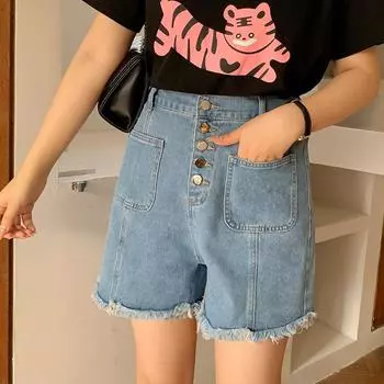 Summer Plus-size Women s Clothing Wide-leg Loose High-waisted Denim Shorts Pants 2XL синий