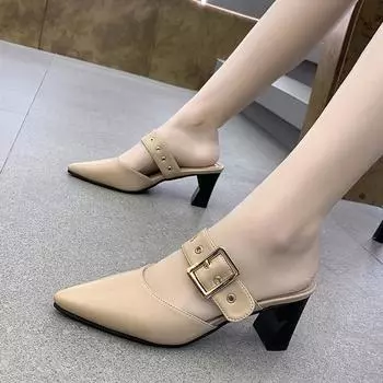 Летние туфли с острым носком и пряжкой на тонком каблуке, женские босоножки на высоком каблуке Baotou с открытой спиной 35