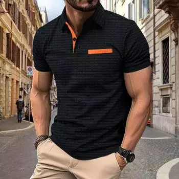 Summer Polo Shirt with Jacquard Checkered Pattern for Men s Sport Polo Shirts S чёрный