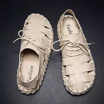 Summer popular hand-stitched men s sandals trend soft-soled bag head lace-up men s sandals Shoes 38 чёрный