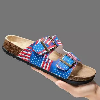 Summer Print Flats Women s Outdoor Beach Sandals Outdoor All-match Casual Slippers Large Size Women Sandals Double Buckle Cork 36