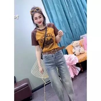 Summer Print Slim Fit High-Elastic Top T-shirt with Short Sleeves