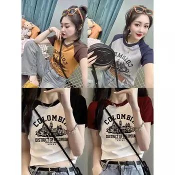 Summer Print Slim Fit High-Elastic Top T-shirt with Short Sleeves Burgundy 2XL