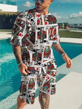 Летние принтованные спортивные костюмы, мужской комплект с футболкой, удобные и стильные мужские комплекты из футболки и шорт, комплекты из 2 предметов, свободные костюмы S