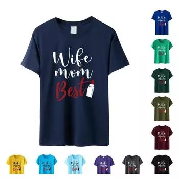 Summer Printed Wife Mom Best Lipstick Letter Casual Loose Large Cotton Round Neck Short Sleeve T-Shirts Women’s S темно-фиолетового