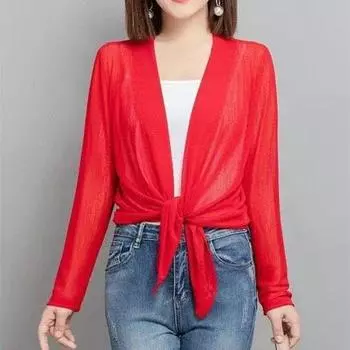 Summer Pure Color All-Matching Long Sleeves Thin Ladieswear Short Small Shawl Coat Women s Outer Wear Sun Protection Cardigan with Skirt Big Red 5XL