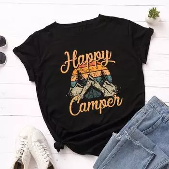 Summer Pure Cotton Printed HAPPY CAMPEN Women s Loose Round Neck Short Sleeved T-Shirts Women’s S чёрный