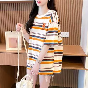 Summer Rainbow stripes t-Shirts Women Harajuku Streetwear Oversized tee Shirt Short Sleeve Casual T Shirt cotton y2k Tops Female M