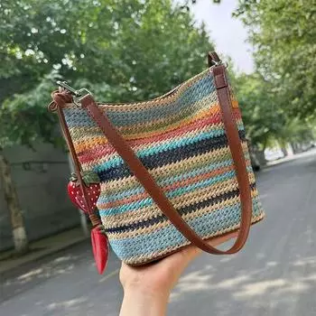 Summer Rainbow Stripes Woven Bag Women s 2025 New Arrival Beach Vacation Bucket Bag Shoulder Crossbody Straw Bag Rainbow stripes