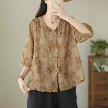 Summer Retro Casual Ramie Cotton and Linen Printed Shirt Loose Slim Short-sleeved Top 6XL