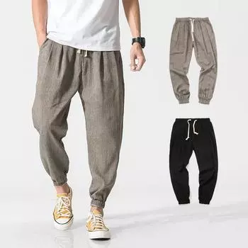 Summer Retro Cotton and Linen Men s Casual Pants Men s Solid Color Plus Size Loose Small Leg Pants M