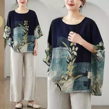 Summer Retro Cotton Linen Blouse for Women Ethnic Style Bat Sleeve Loose Women s Round Neck T-shirt One Size синий