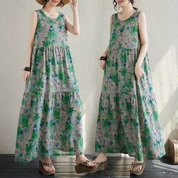 Летнее ретро деревенское свободное платье-пуловер без рукавов с круглым вырезом для женщин повседневные платья M