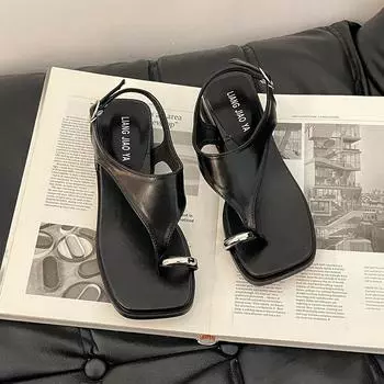 Summer retro metal buckle cover toe beach flat sandals niche temperament with simple shoes 35