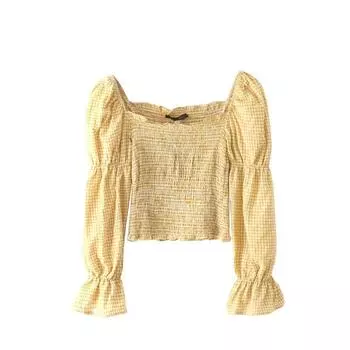 Summer Retro off-the-Shoulder Puff Sleeves Top Plaid Shirt Yellow S